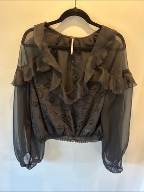 Free People Black Ruffle Eyelet Sheer Blouse